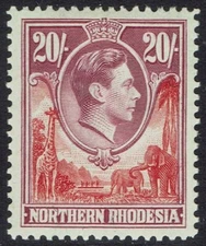 NORTHERN RHODESIA 1938 KGVI GIRAFFE AND ELEPHANT 20/-