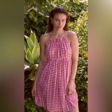ANTHROPOLOGIE Dress Sm Gauze Halter Pink Floral Lightweight Adjustable Pockets