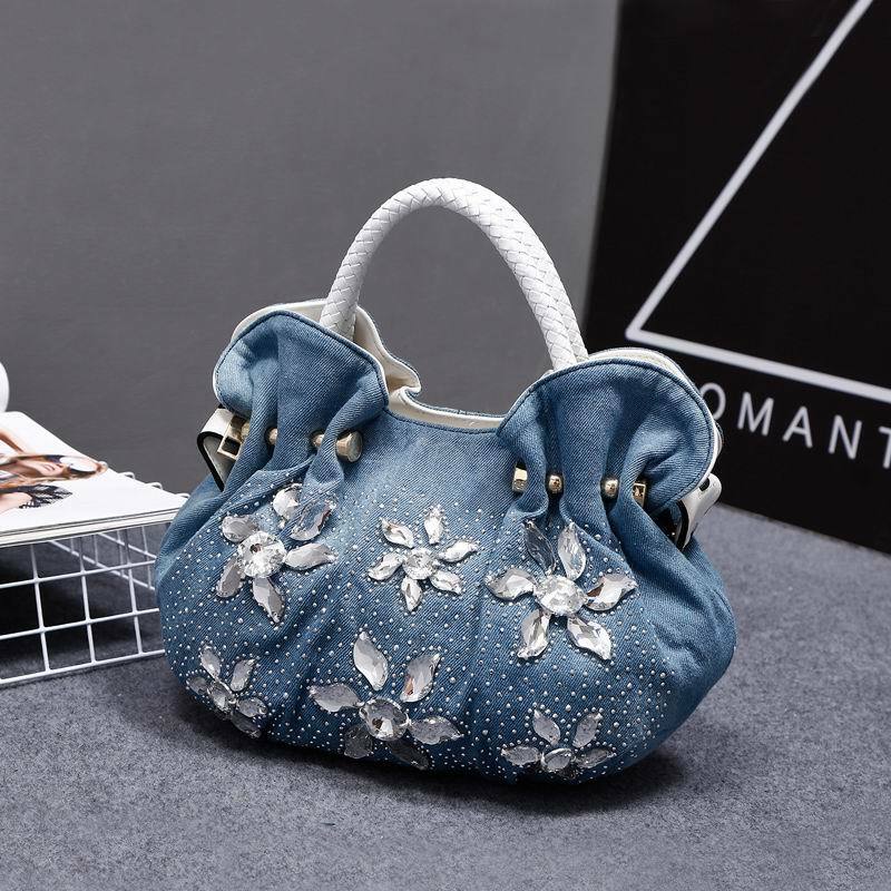 Women Rhinestone Flowers Denim Handbag Tote Bags Jeans