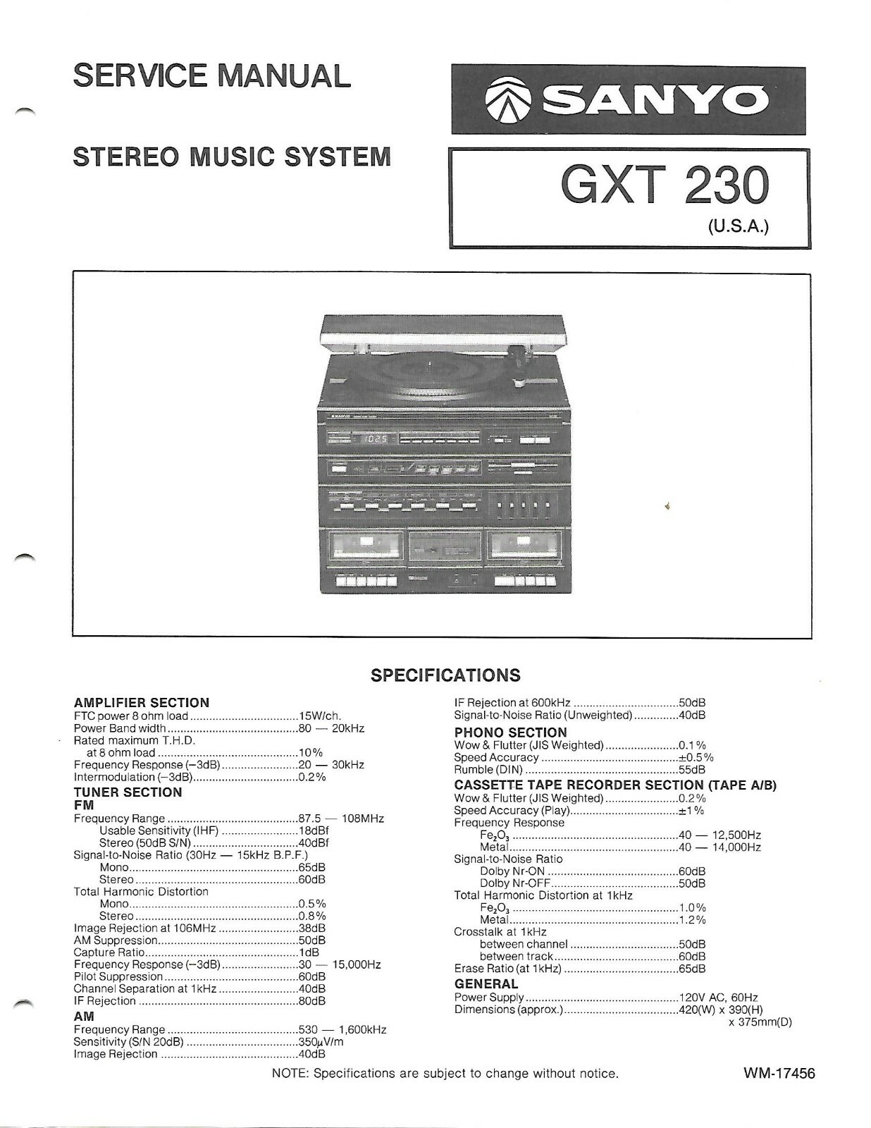 SANYO GXT230 STEREO MUSIC SYSTEM FACTORY REPAIR SERVICE MANUAL ENGLISH