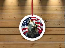 Patriotic Wolf Ceramic Or Clear Glass Ornament, 3 Inch Round