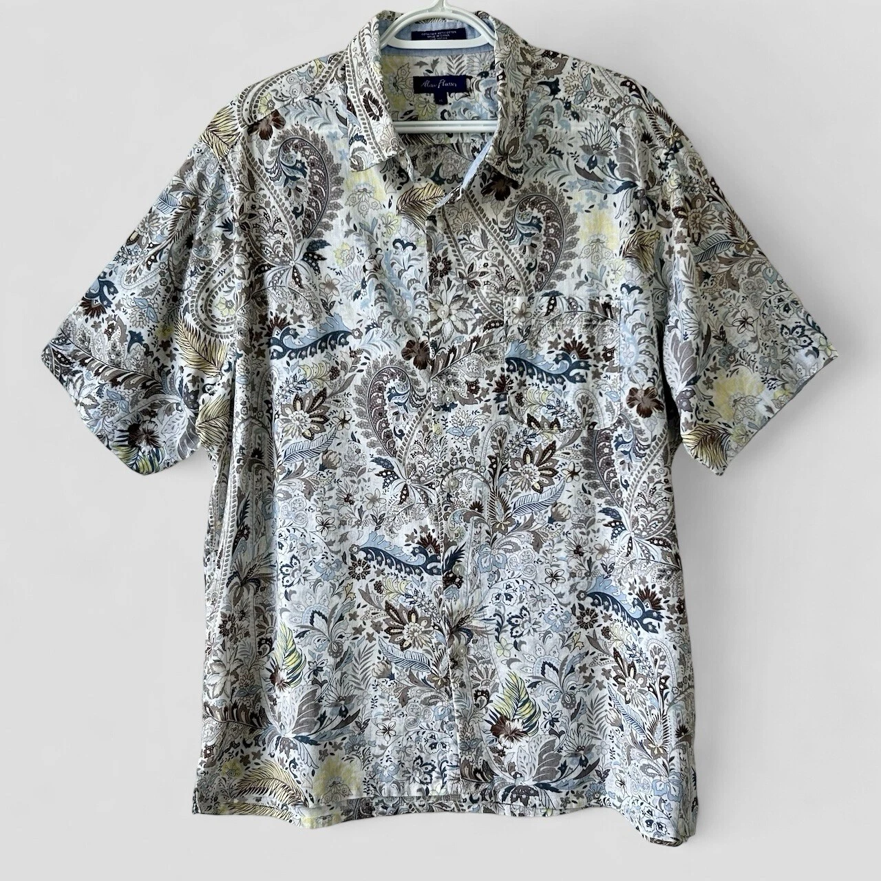 Alan Flusser Linen Blend Shirt Mens XL Brown Floral Button Up Paisley Casual