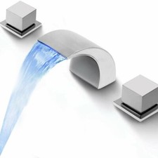 LED Waterfall Bathroom Sink Faucet Dual Square Handle Mixer Tap Brushed Nickel