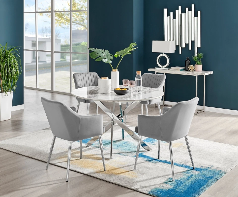 Novara White Marble Round Dining Table 120cm and 4 Calla Chairs Furniture Set