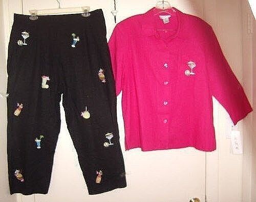Women's Vintage Linen Rayon Comfy Fashion 2 Pc Top Shirt Capri Pants Set Sz XL - Picture 1 of 2