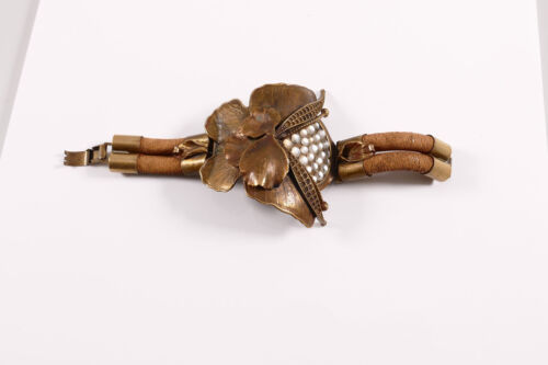 Bracelet Grand Art Nouveau Cuir Papillon Bronze Pierres Blanches - Photo 1 sur 5