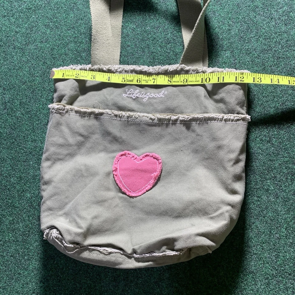 Bolso de Mano Life Is Good 100% Algodón Lona Crudo Corazón Hippie Deshilachado Verde Rosa Foto 3 de 4