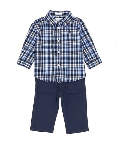 Ralph Lauren NAVY MULTI Baby Boys Plaid Shirt Chino Pants 2 Pc Set, US 12M - Picture 2 of 3