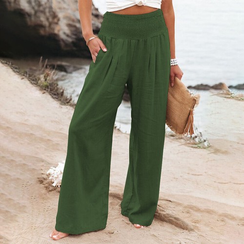Womens High Waist Cotton Linen Trousers Ladies Casual Baggy Wide Leg Long Pant - Picture 4 of 41
