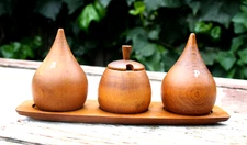 Rare Mid-Century Fred Roberts Co. Teak Salt Pepper & Mustard Pot & Tray