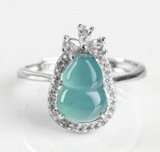 Certified Blue Water Natural A Jade jadeite Gourd 925 Silver Ring Inlaid crystal