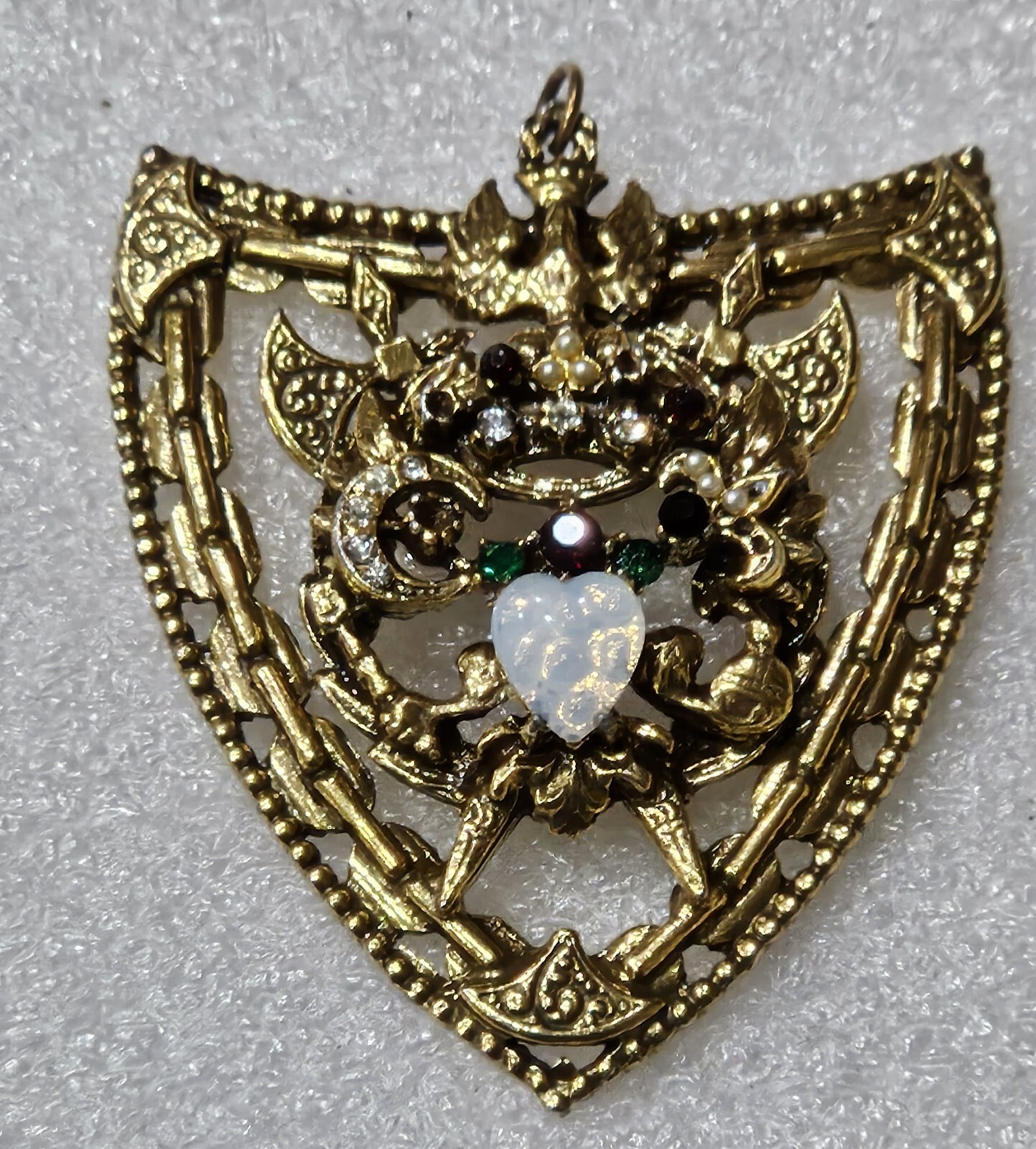 Vintage Lion Medallion Enamel Jeweled Pendant Necklace, MCM Dark Academia Heraldic Necklace
