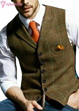 Mens Formal Lapel Collar Sleeveless Vest Retro Herringbone Tweed Slim Dress Suit