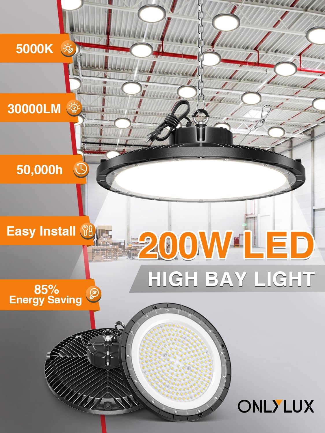 UFO LED High Bay Light 200W, 5000K 30000LM (Eqv.800W Mh/Hps/Hid) High Bay Lig...