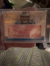 Christian Mccaffrey Signed Rookie Card With Pink Patch Player Worn Material. rookie card picture