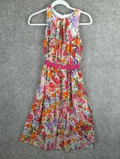 Dressbarn High Neck Floral Dress Womens 6 Pink Multi Belted Midi Spring Cocktail