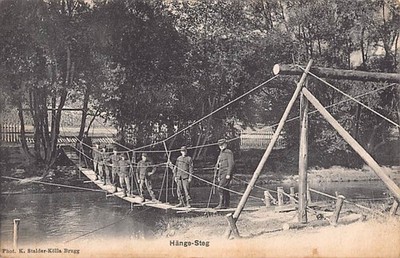 BRUGG, CANTON AARGAU, SWITZERLAND ~ SOLDIERS ON SWINGING BRIDGE ~ used 1914