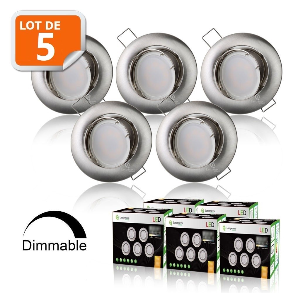 Spot LED encastrable GU10 alu brossé dimmable pour remplacer les halogènes et tamiser le salon 5x