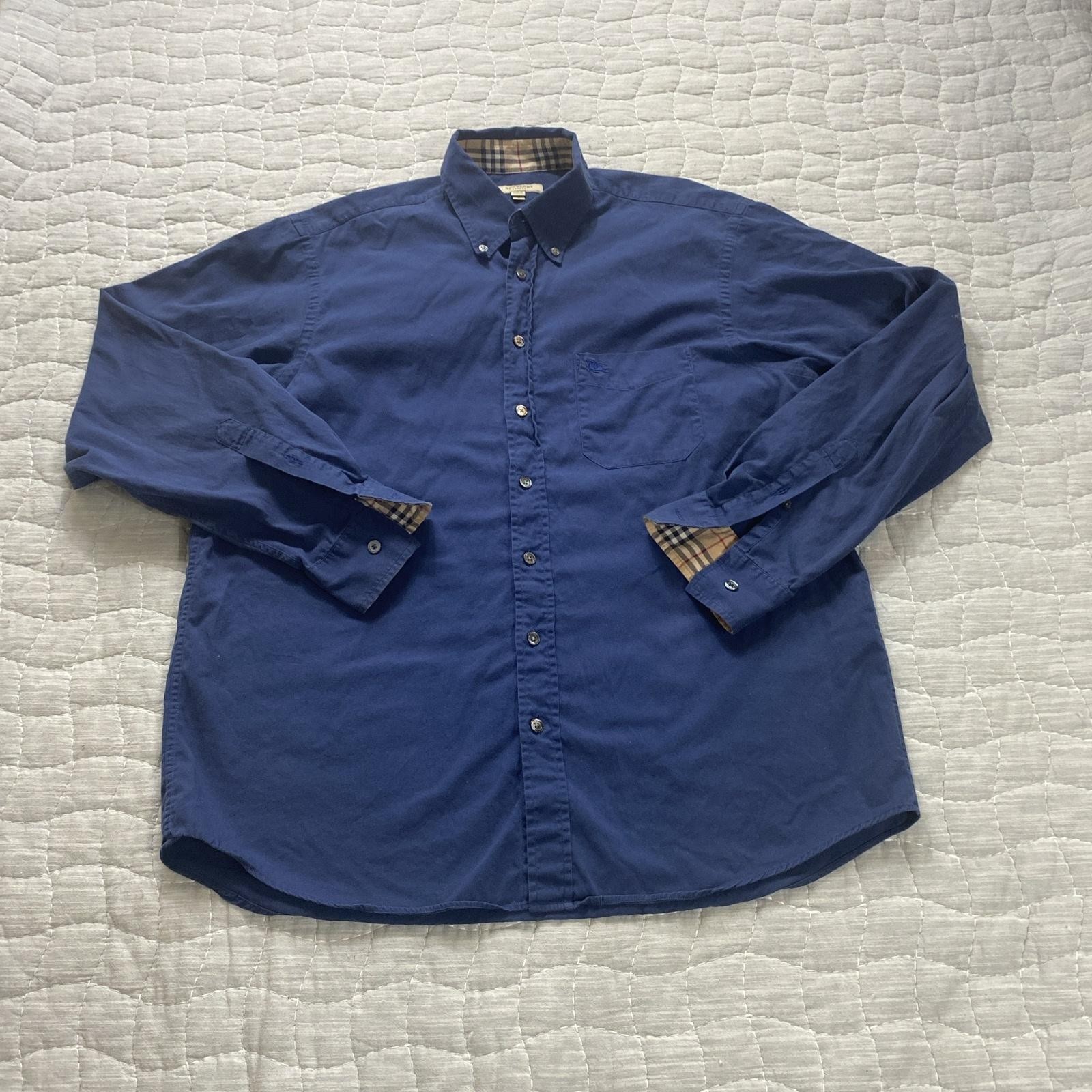 Burberry London Mens Large Blue Plaid Button Down Shirt with Collar Pocket Embroidery-image