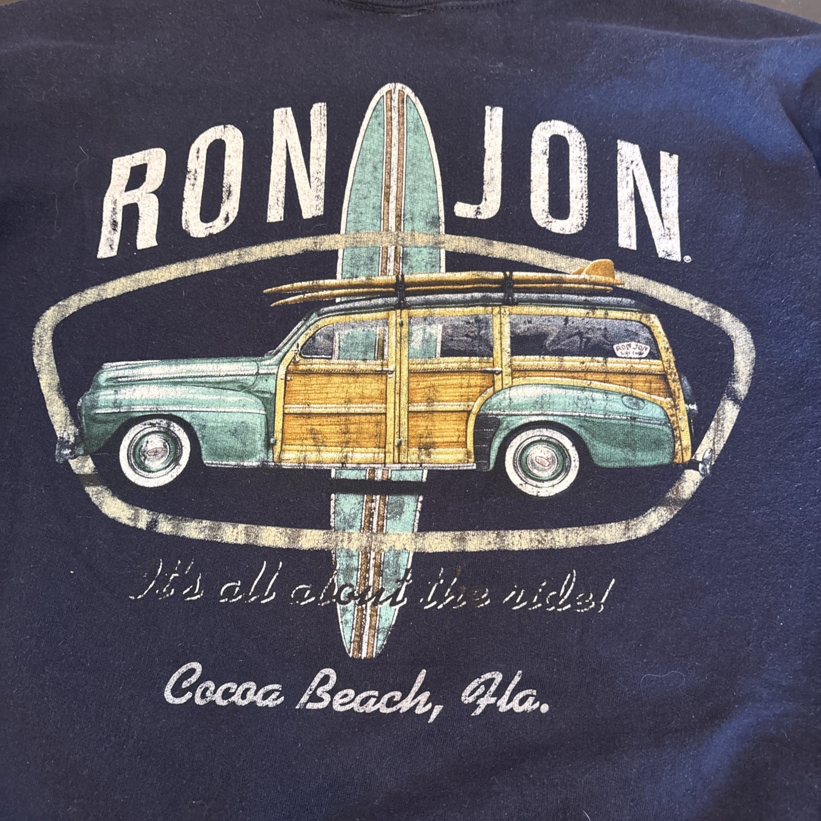 Ron Jon Surf Shop Cocoa Beach Florida Woody Wagon Sweatshirt Navy Blue Small