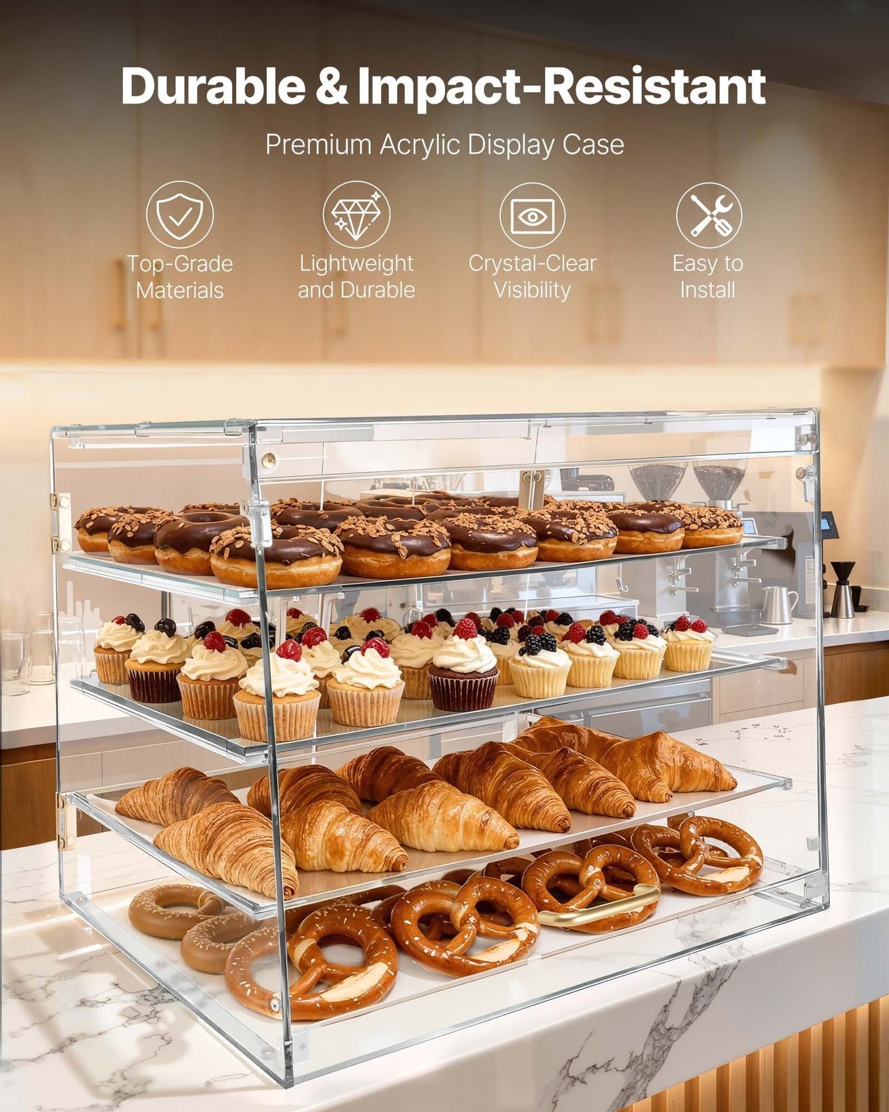 4-Tier Bakery Display Case Commercial Countertop Pastry Case Clear Acrylic