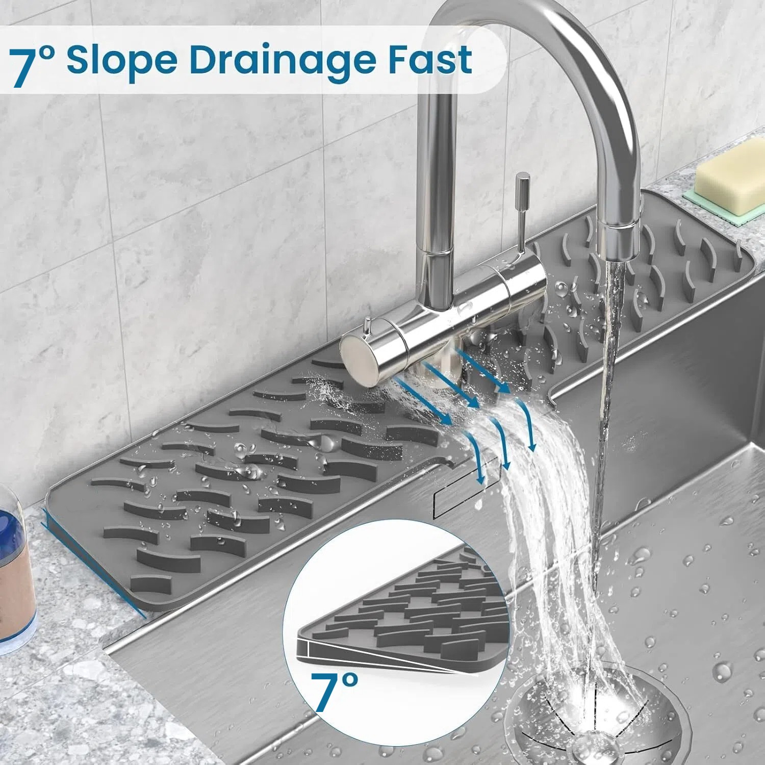 Longer Silicone Faucet Mat for Kitchen Sink, 7° Slope Kitchen Sink Splash Guard