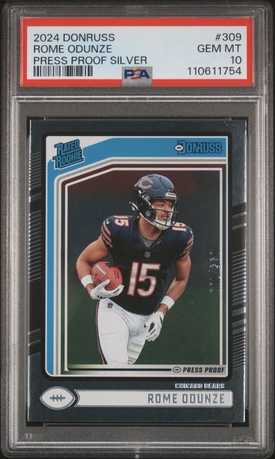 2024 Donruss Rome Odunze Press Proof Silver Rated Rookie /100 PSA 10 #309 Bears