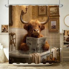 Highland Cow Shower Curtain Funny Highland Cow Reading Newspapers Bathroom Sh...