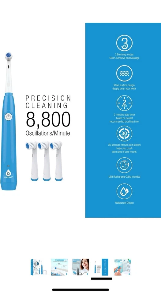 Cepillo de dientes eléctrico recargable USB Pursonic Sonic Blue Technology de viaje Foto 2 de 3