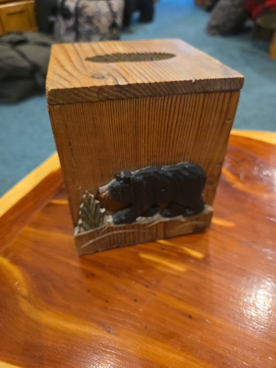 Wood Kleenex Tissue Box cover With Bear Pine Trees Nice Cabin