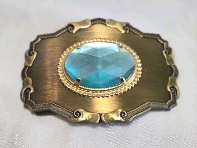 Vintage Raintree USA Decorative Gold Tone Belt Buckle W/Blue Stone
