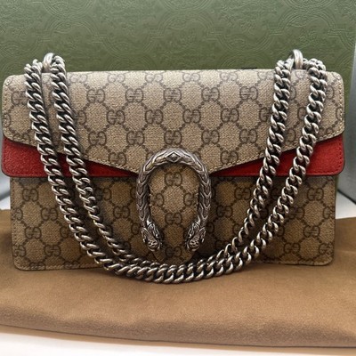 Authentic GUCCI Dionysus Silver HW Shoulder Bag GG Supreme, Red W