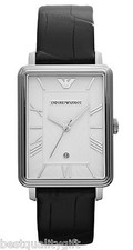 EMPORIO ARMANI BLACK CROC LEATHER+SILVER TONE+WHITE ROMAN NUMBER WATCH AR9105