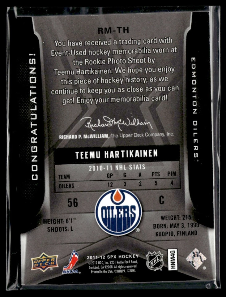 2011-12 SPx Rookie Materials Patches Teemu Hartikainen 03/25 #RM-TH - Image 2 of 2
