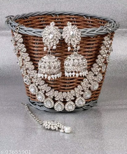 Indian Bollywood Bridal Set Gold Plated Jewelry Earrings CZ Ethnic AD Necklace - 第 3/5 張圖片
