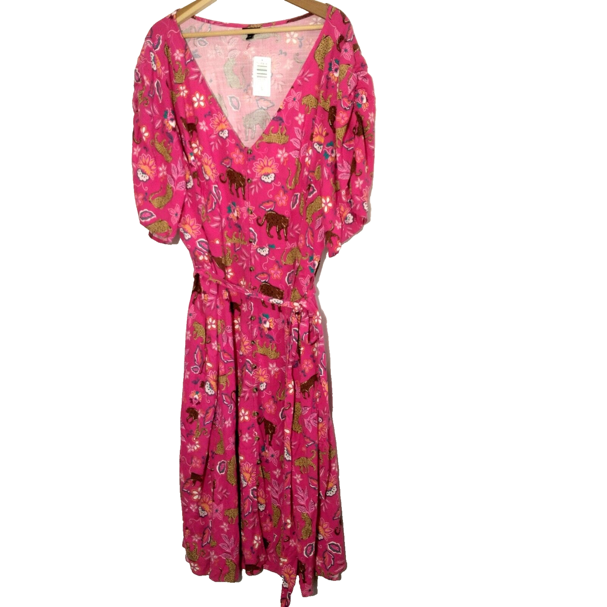 Torrid Size 5 Plus Size Pink Leopard Dress Midi Rouched Short Sleeve Belted  Cat | eBay