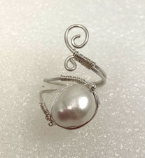 Handmade Sterling Silver .925 Wire Wrap Pearl Adjustable Swirl Ring Sz 8