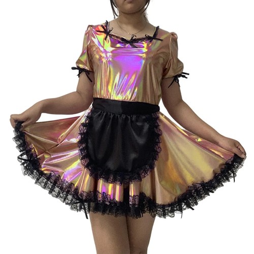 Sissy Shiny Laser Lolita Maid Fancy Dress Puff Short Sleeve Lockable Maid Dress  - Picture 10 of 15