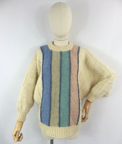 Vintage chunky hand knit pastel multicoloured batwing wool 12 M jumper sweater - Picture 8 of 12