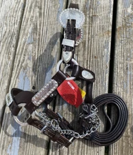 Miniature horse dark brown leather Western show halter w/berry edge silver, lead