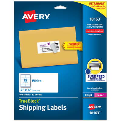 Avery Shipping Labels, 2'' x 4'', White, 100 Labels (18163)