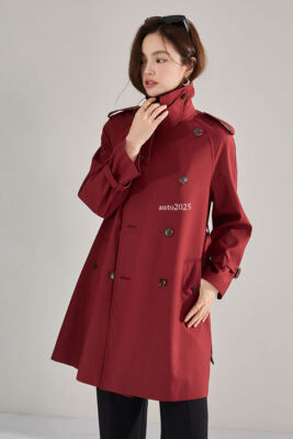 Womens Autumn Red Trench Coat Lapel Collar Double Breasted Leisure