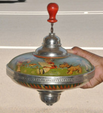 Vintage Big Colorful Litho Print Uncommon Spinning Top Tin Toy , Germany