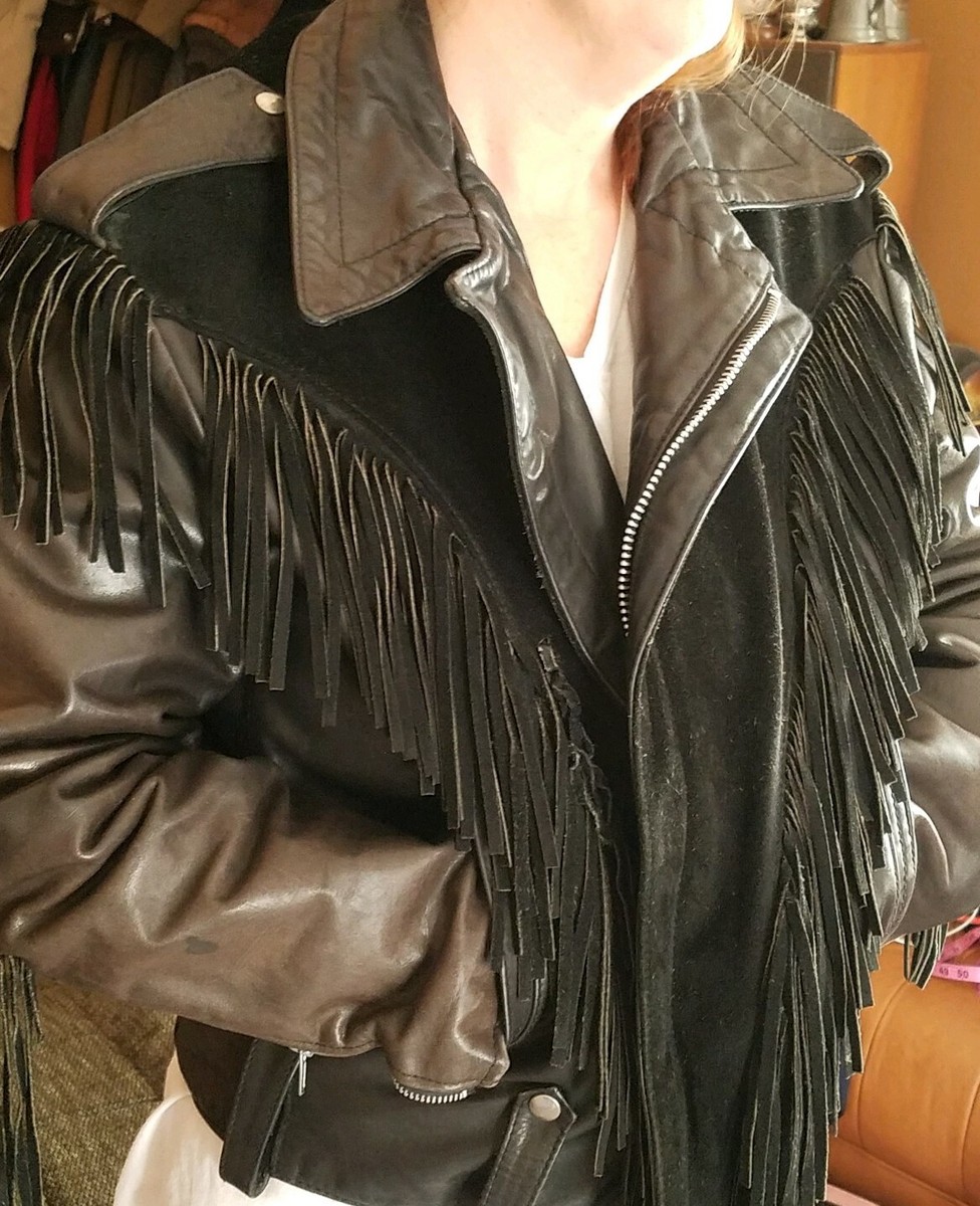 Leather Motorcycle Jacket Black Suede Panels Fringe 1960s Sz Leather Motorcycle Jacket Black Suede Panels Fringe 1960s Sz
