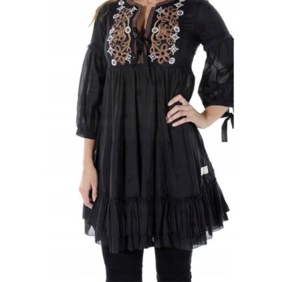 Anthropologie Odd Molly Embroidered Tunic Dress Boho Cotton Blend Black Size 0