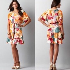 Ann Taylor LOFT, Petites, Multi Orange Blue Floral Ruched Dolman Dress, Size SP