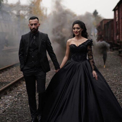 black satin wedding dress Off Shoulder Princess Black Wedding Dress Satin Detachable Skirt COCOMELODY CW2513, 45 Days / Black / US0-UK2-EUR30 main image 0