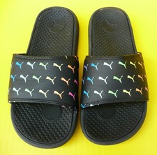 Puma Logo Cool Cat Unisex Size 5 Children's Slides Sandals Black Colorful Summer