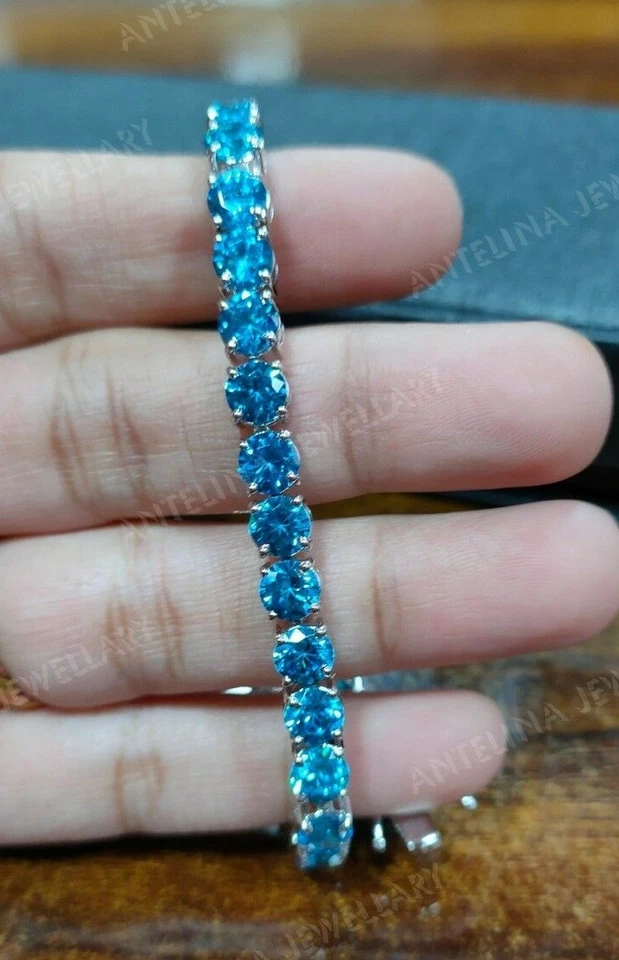 Brazalete Tenis 8 CT Corte Redondo Topacio Azul Londres Acabado Oro Blanco 14k Regalo Tachuelas Foto 4 de 4