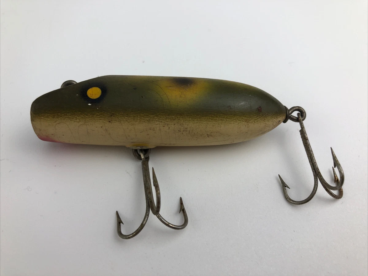 Vintage Frog Camo Green Yellow Wood Bass Fishing Lure